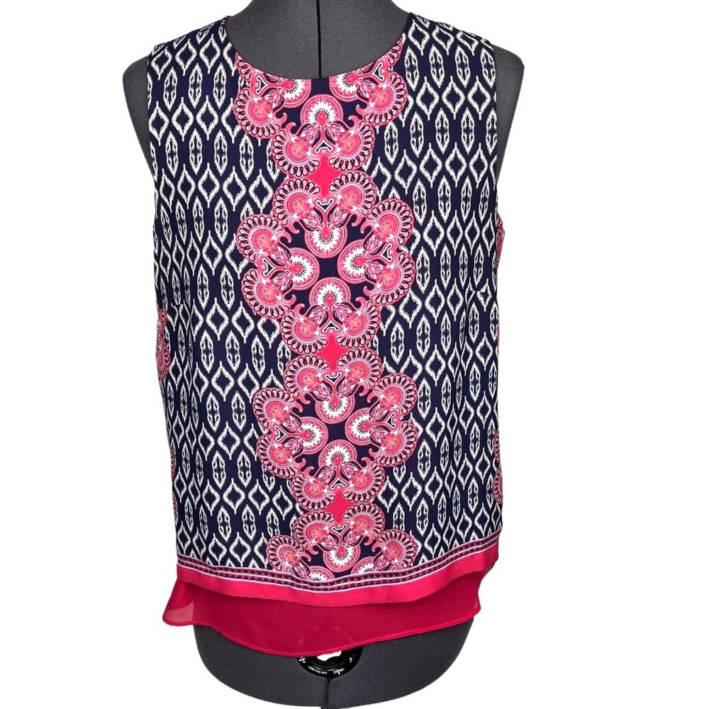 Rose & Olive Sleeveless Chiffon Top Layered Pink/Blue Print Sz. S